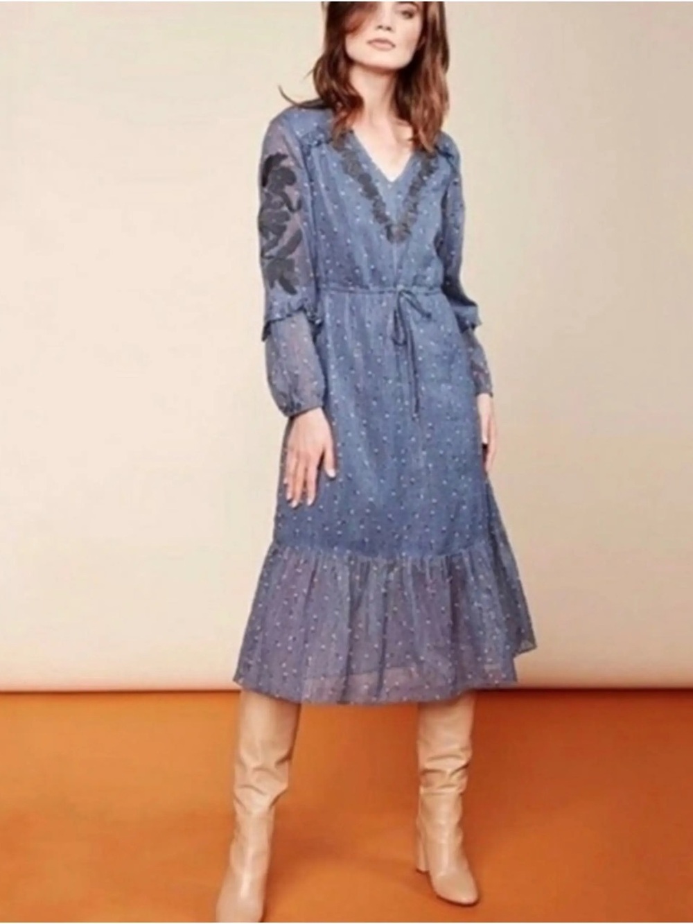 Dolan Zoe Blue Grey Embroidered Cotton Midi Dress Size L